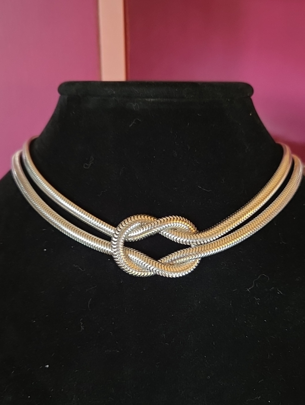 Vintage 15" 70s Silver-Tone Double Rope Knot Choker Necklace